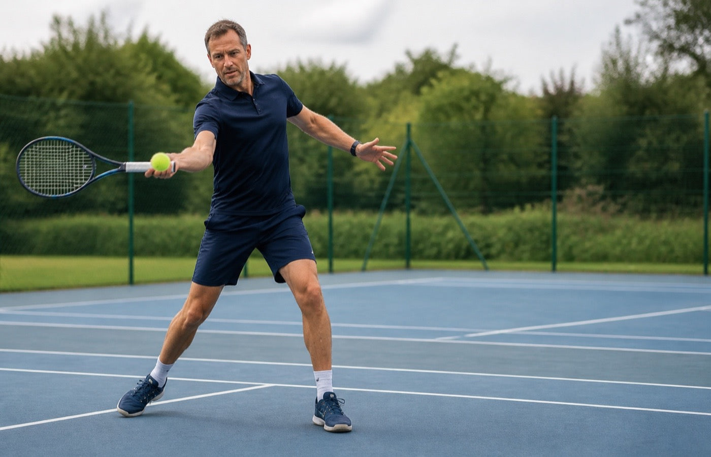 A tennis player testing a racket on court